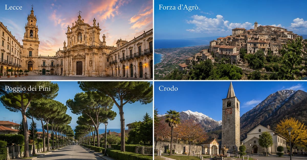Collage of the four satellite cities that joined Prem Rawat’s Bologna event: Lecce, Forza d’Agrò, Poggio dei Pini and Crodo