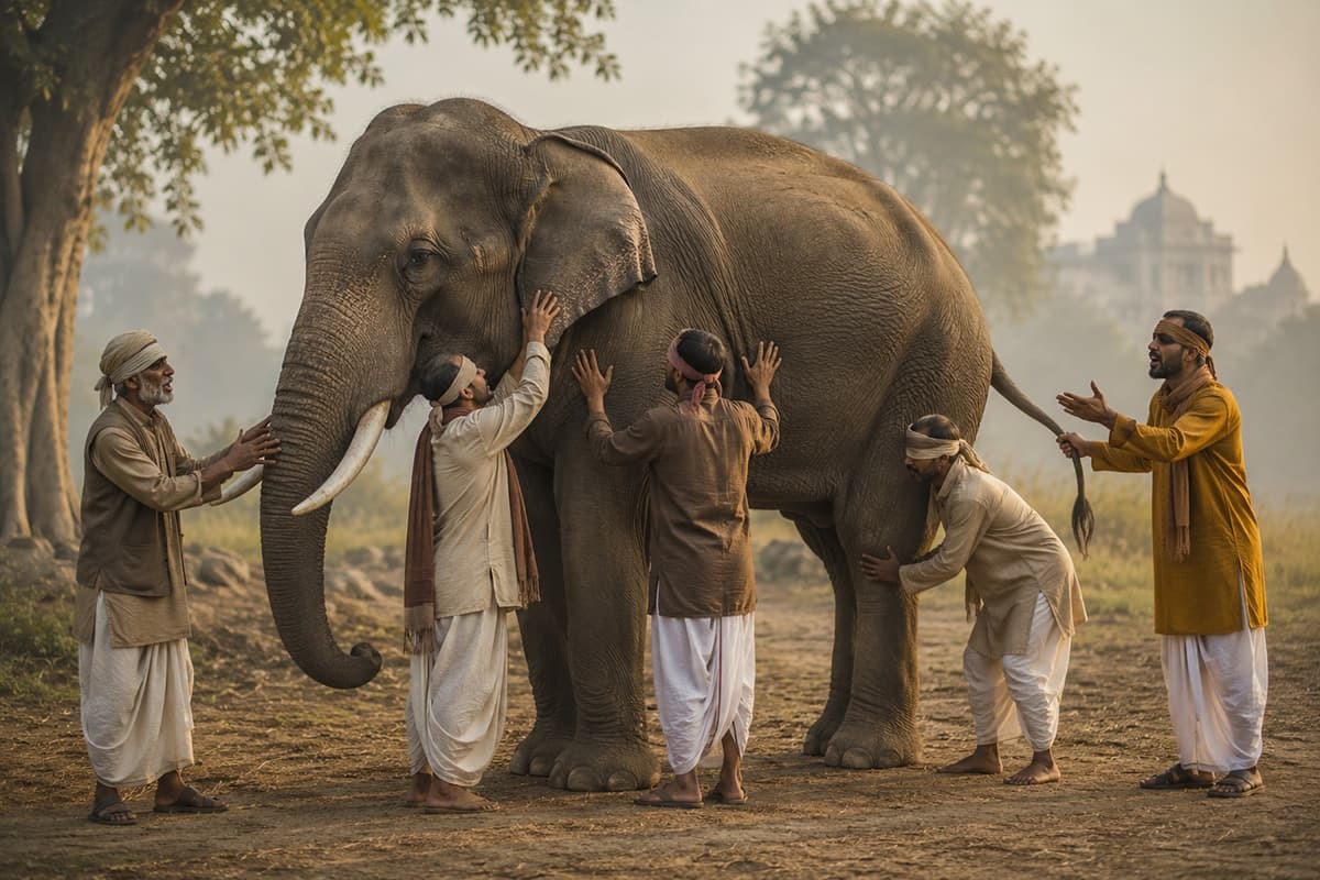 Illustration of five blind men each touching a different part of an elephant