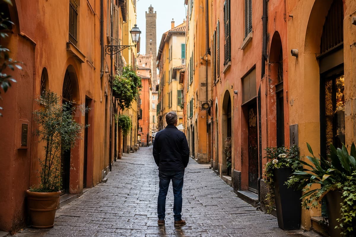 A man walks through a historic street in Bologna, Italy